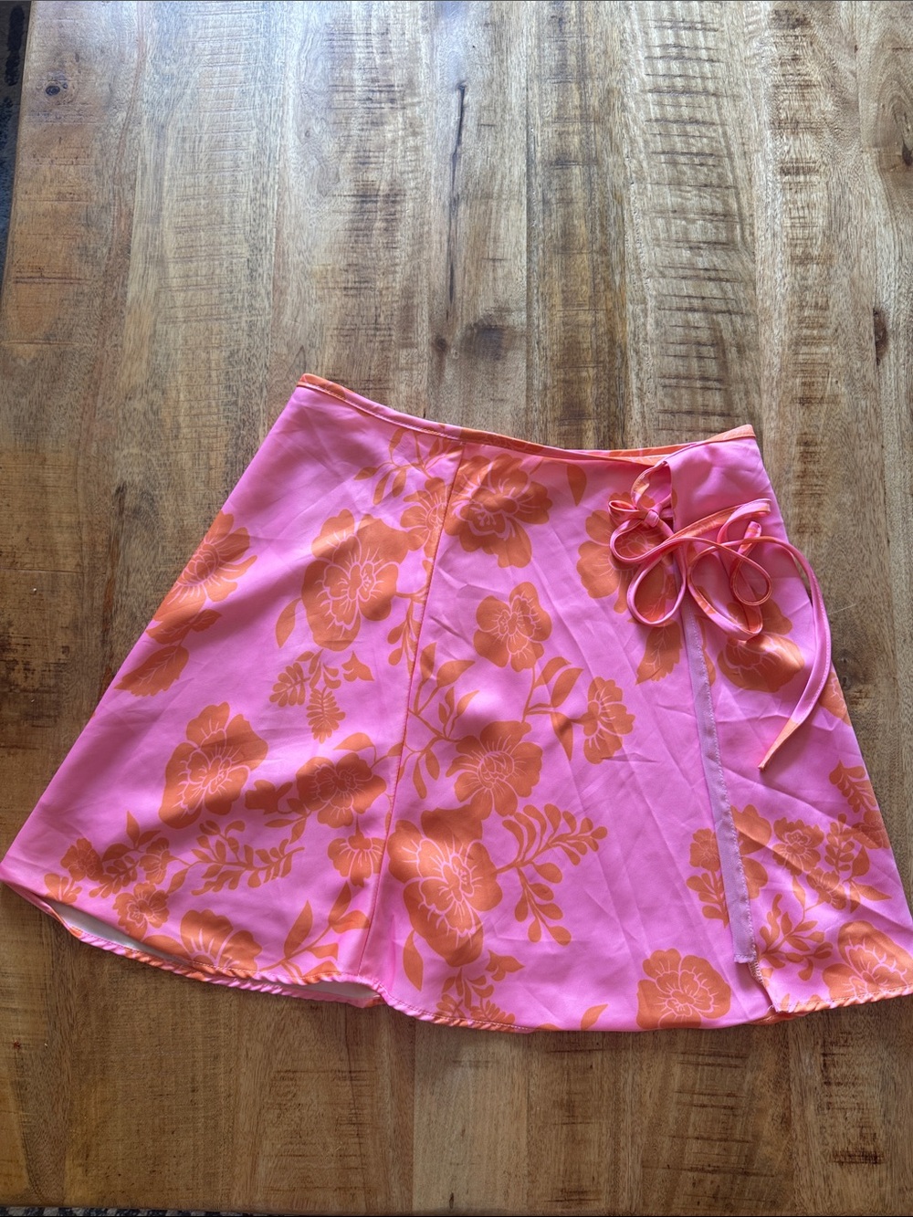 DELUC Pink & Orange Floral Wrap mini Skirt side tie lined NEW NWOT XS